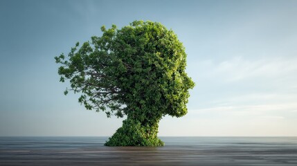 A surreal tree shaped like a human head stands on a wooden platform, blending nature and creativity against a serene sky.