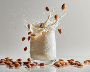 Glass of milk splashes dramatically, creating beautiful display of droplets and splashes, surrounded by scattered almonds. scene captures moment of freshness and vitality