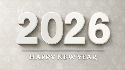 A festive decoration featuring the year "2026" and the phrase "Happy New Year" on a textured gray background.