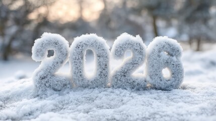 Snow-covered numbers "2026" stand out against a winter landscape, symbolizing the arrival of a new year.