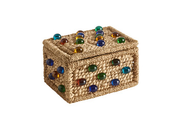 Woven storage box with colorful glass beads isolated on transparent background