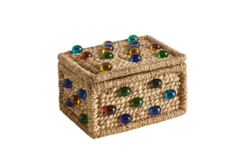 Woven storage box with colorful glass beads isolated on transparent background
