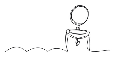 Continuous line drawing of a modern bathroom sink, faucet, and round mirror, ideal for minimalist home decor, plumbing service promotions, or interior design concepts.