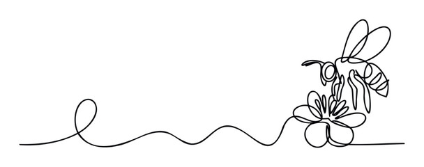 Continuous line style of a honeybee pollinating a delicate flower, depicting natures harmony and ecological balance for environmental awareness campaigns or educational materials
