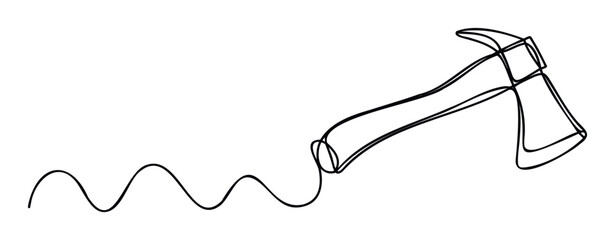 Continuous line drawing of a powerful metal axe with a fluid wavy handle, ideal for construction, carpentry, and handyman service branding or marketing materials.