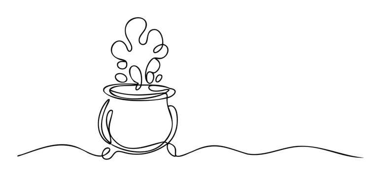 Minimalist one line drawing of a bubbling cauldron filled with a magical potion perfect for Halloween themes or science project visuals
