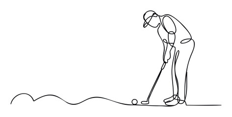 Single continuous drawing depicting a golfer in the stance of hitting a golf ball with a club, suitable for athletic event advertising and sports club promotional materials.