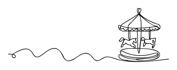 Simple continuous line drawing of a fun carousel with horses, perfect for childrens events, amusement park themes, or playful graphic communication designs and marketing materials.