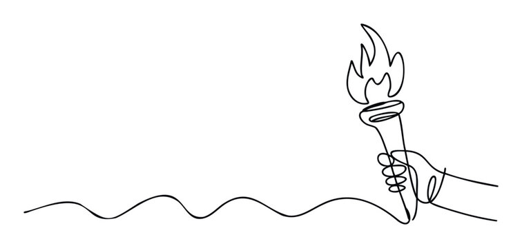 A continuous line drawing featuring a hand holding a flaming torch with a dynamic wavy line extending, ideal for illustrating concepts of progress, leadership, and athletic achievements in