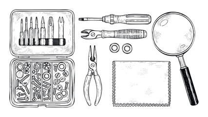 Precision repair and assembly kit featuring screwdriver bits, specialty pliers, a magnifying glass, and an organizer with tiny screws and washers, ideal for electronics and watchmaking.