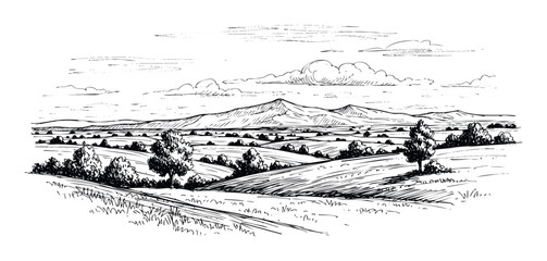 Hand drawn landscape sketch depicting rolling hills, distant mountains, and scattered trees under a cloudy sky, suitable for nature themed graphic projects and environmental design