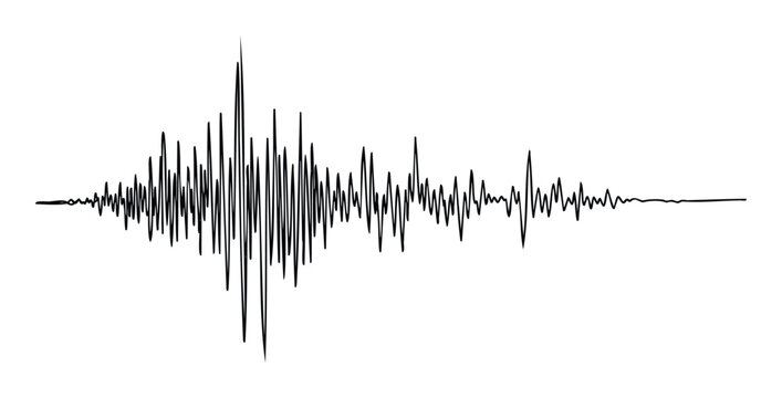Dynamic black seismogram line graph representing a fluctuating earthquake wave or abstract sound vibration, ideal for scientific research, data visualization, and emergency warning system