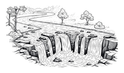 Scenic handdrawn river flowing through a lush landscape with multiple waterfalls cascading into a calm pool, perfect for naturethemed projects and outdoor adventure promotions