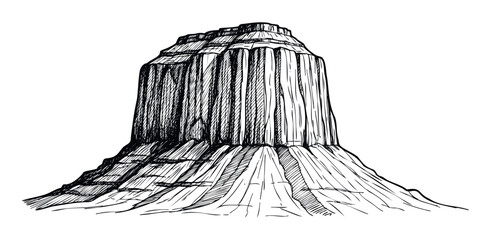 Handdrawn sketch of a rugged majestic mesa or butte in a rocky desert landscape, ideal for nature travel blogs, adventure tourism promotions, and educational geology materials
