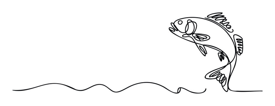 Graceful continuous line drawing of a leaping fish over wavy water, ideal for modern aquatic branding, logo creation, or clean graphic elements in marine and nature promotions.