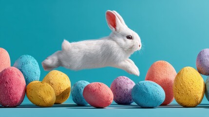 Cute White Bunny Jumping Over Colorful Painted Easter Eggs in a Vibrant Setting for a Joyous Holiday Celebration