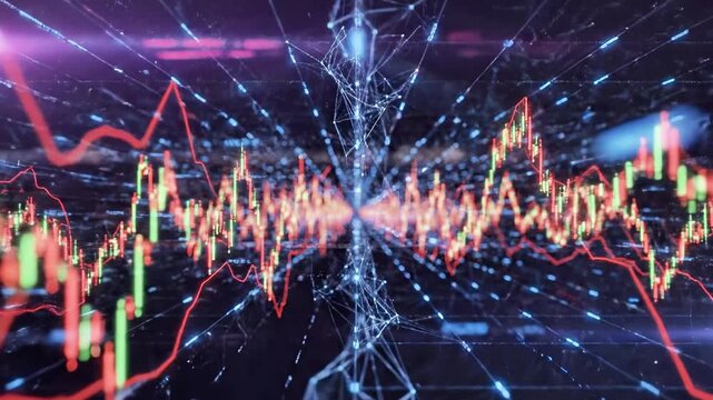 A digital illustration of a futuristic financial graph with multicolored lines and bars radiating from a central point, set against a dark background with a white border at the bottom