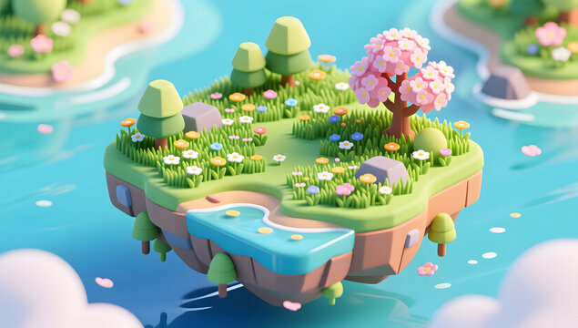 Miniature floating island with lush spring wildflower meadows