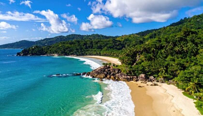 Beautiful tropical beach with clear blue water and lush forest