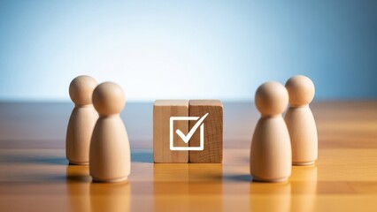 Wooden figures surrounding a block with a check mark symbolizing decision making or voting