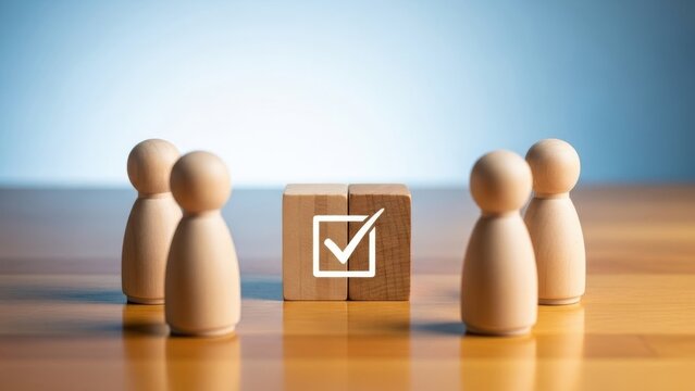 Wooden figures surrounding a block with a check mark symbolizing decision making or voting