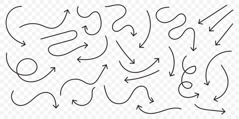 Hand drawn arrows icon set. Sketch curved arrows design. Arrow handmade. Doodle arrows of varios shapes and directions. Pointer and cursor icons