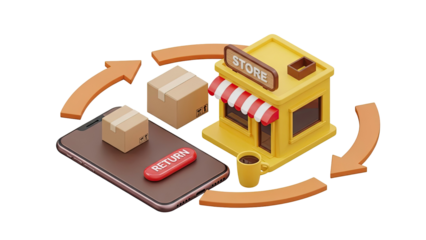 E-commerce return process illustration with store, packages, and phone