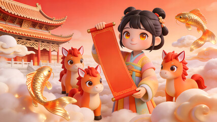 3D cartoon girl holding spring couplets with koi and pony