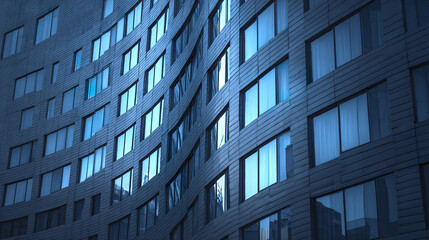 Modern office building facade with reflective blue glass windows and curved architectural design creating sleek urban atmosphere in city