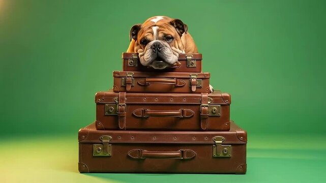Adorable English Bulldog Resting on Stack of Vintage Leather Suitcases Against a Vibrant Green Studio Background with Soft Lighting