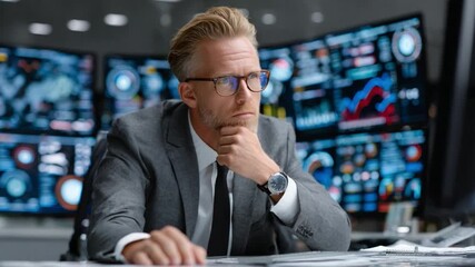 The Calculated Strategist: A composed businessman with glasses, deeply engaged in thought, navigates the complexities of data analysis. - Powered by Adobe