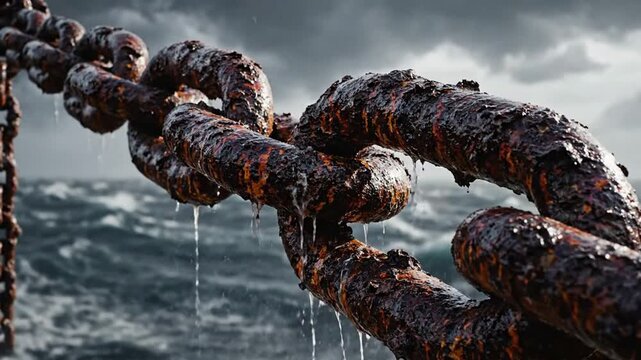 Rusty metal chain with oil dripping against a stormy sea background.