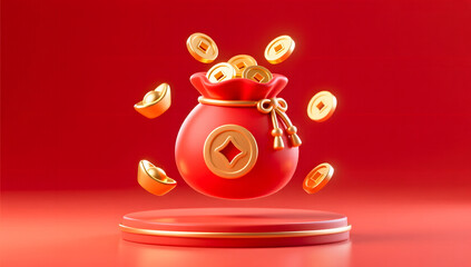 Red fortune bag with gold ingots on e-commerce display podium