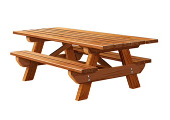 Wooden picnic table with attached benches, angled view, against a black background