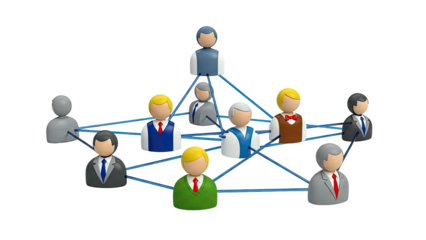 Network of stylized business people connected by blue lines