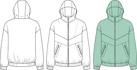 Minimalist Anorak Jacket Flat Sketch, Hooded Windbreaker Technical Fashion Drawing Template, Oversize Bomber Coat Vector Illustration. © MstShefaly