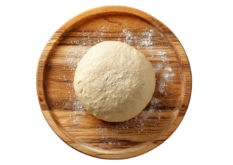 Dough resting atop floured, wooden round