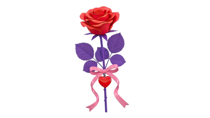 Red rose with purple leaves, pink ribbon, and heart charm