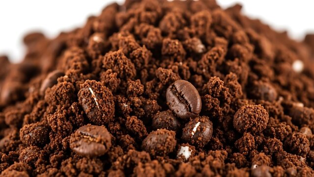 Pile of ground roasted coffee, showing beans and a heap of coffee grinds