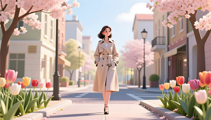 Fashionable Woman Enjoying Spring Sunshine on Street