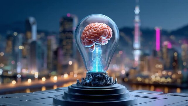 Brain Inside Light Bulb in Futuristic City: A glowing light bulb encases a human brain, illuminating the innovative and interconnected cityscape. It captures the essence of innovation, thought.