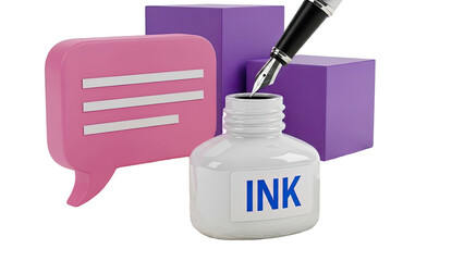 Fototapeta premium Fountain Pen Dipping into Ink Bottle Beside Chat Bubble and Cubes