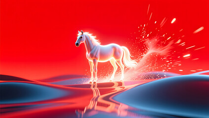 Glowing horse within a red abstract particle storm