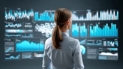Vision of Analysis: A woman gazes intently at a vast digital display, immersed in the world of data analytics and visualization. The scene captures focus and concentration. - Powered by Adobe