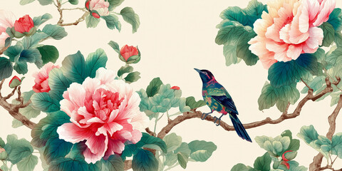 日本の伝統模様と水彩の花が優美に融合した装飾背景。季節感や和の趣を演出するイラストとして、動画演出・商品パッケージにも活用可能。