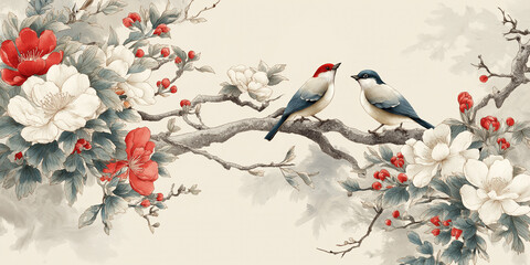 繊細に描かれた和の花模様が舞う水彩背景。落ち着きのある配色と構図で、和風コンテンツや高級感ある和雑貨デザインに最適なビジュアル素材。