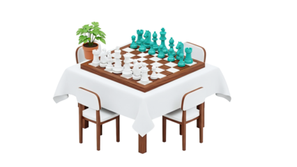 Table with Chess Set and Potted Plant