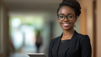 Smiling businesswoman holding a tablet in a professional office setting with blurred background with black woman and glasses and blured background and indoor and adult and one person with portrait