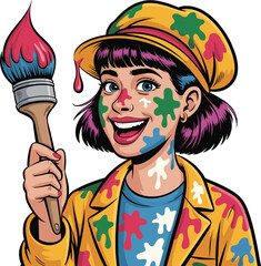Happy Female Artist Covered in Paint Splatters Holding a Large Paintbrush IllustrationHappy Female Artist Covered in Paint Splatters Holding a Large Paintbrush Illustration