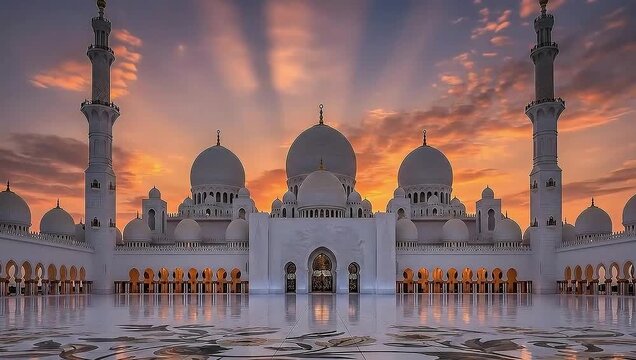 Sheikh Zayed Grand Mosque at Sunset with Dramatic Sunbeams, Abu Dhabi